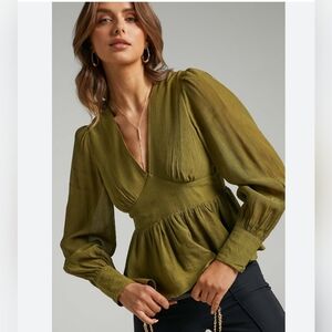 Showpo.Shyla Olive Green Bishop Sleeve V-Neck Feminine Casual Peplum Top Sz 2